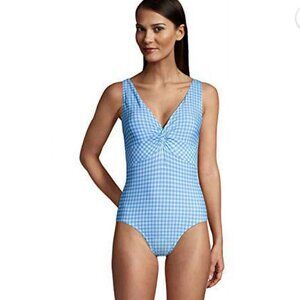 Lands' End Women’s GINGHAM V-Neck Twist Front One Piece Swimsuit Size 2